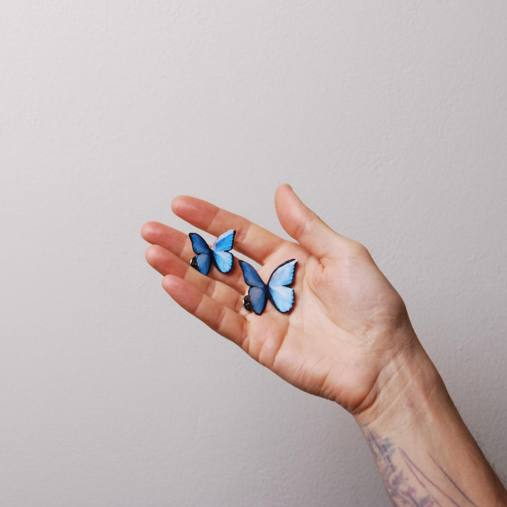 mano che tiene due spille farfalla blu