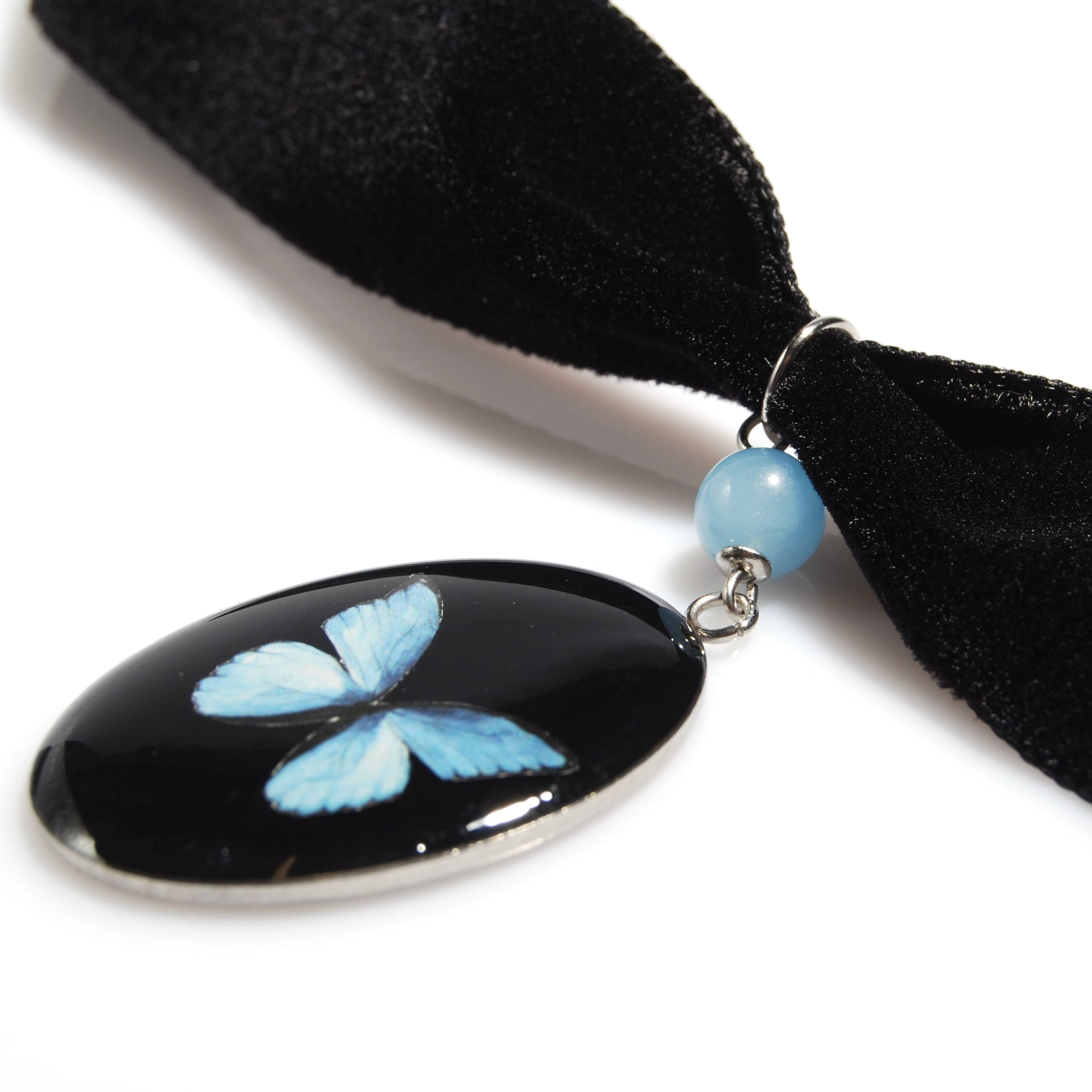 Choker Pendente Farfalla Blue Morpho - Velluto Nero e Acquamarina