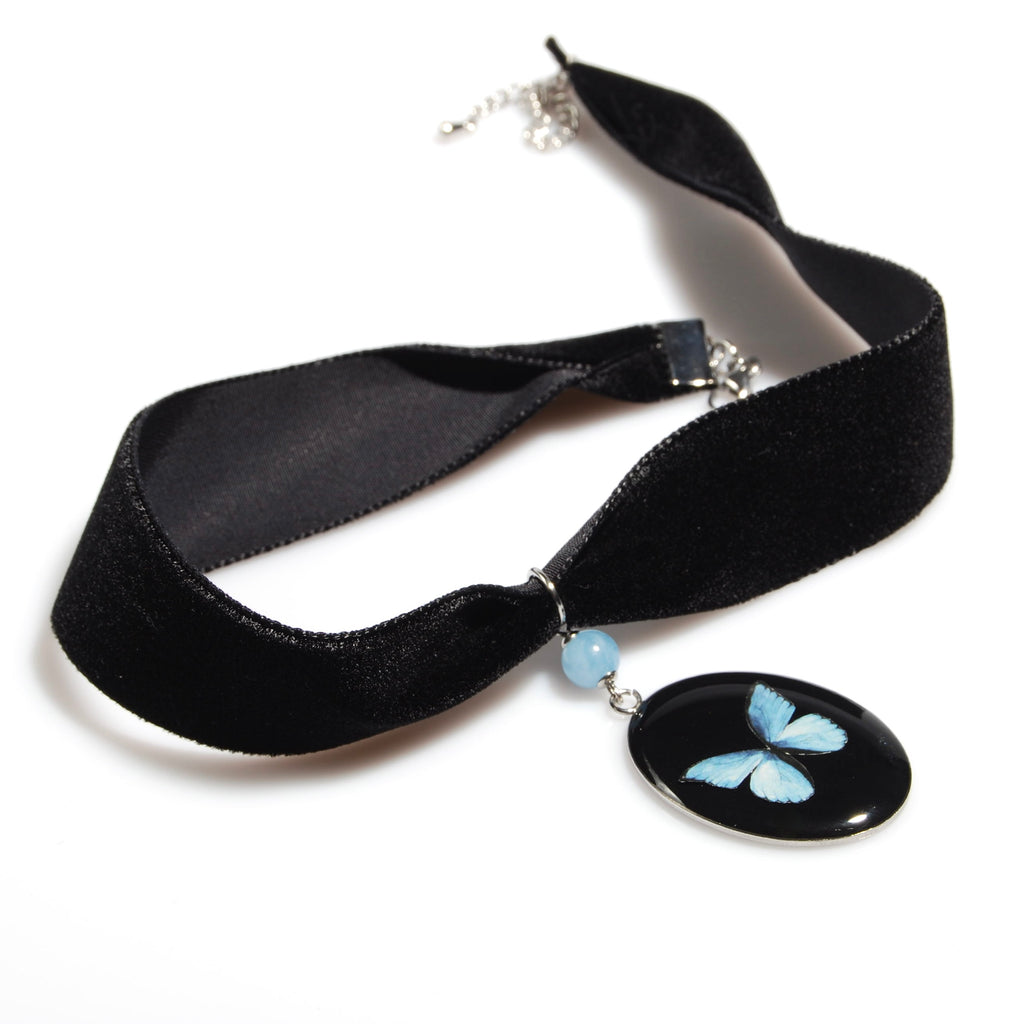 Choker Pendente Farfalla Blue Morpho - Velluto Nero e Acquamarina