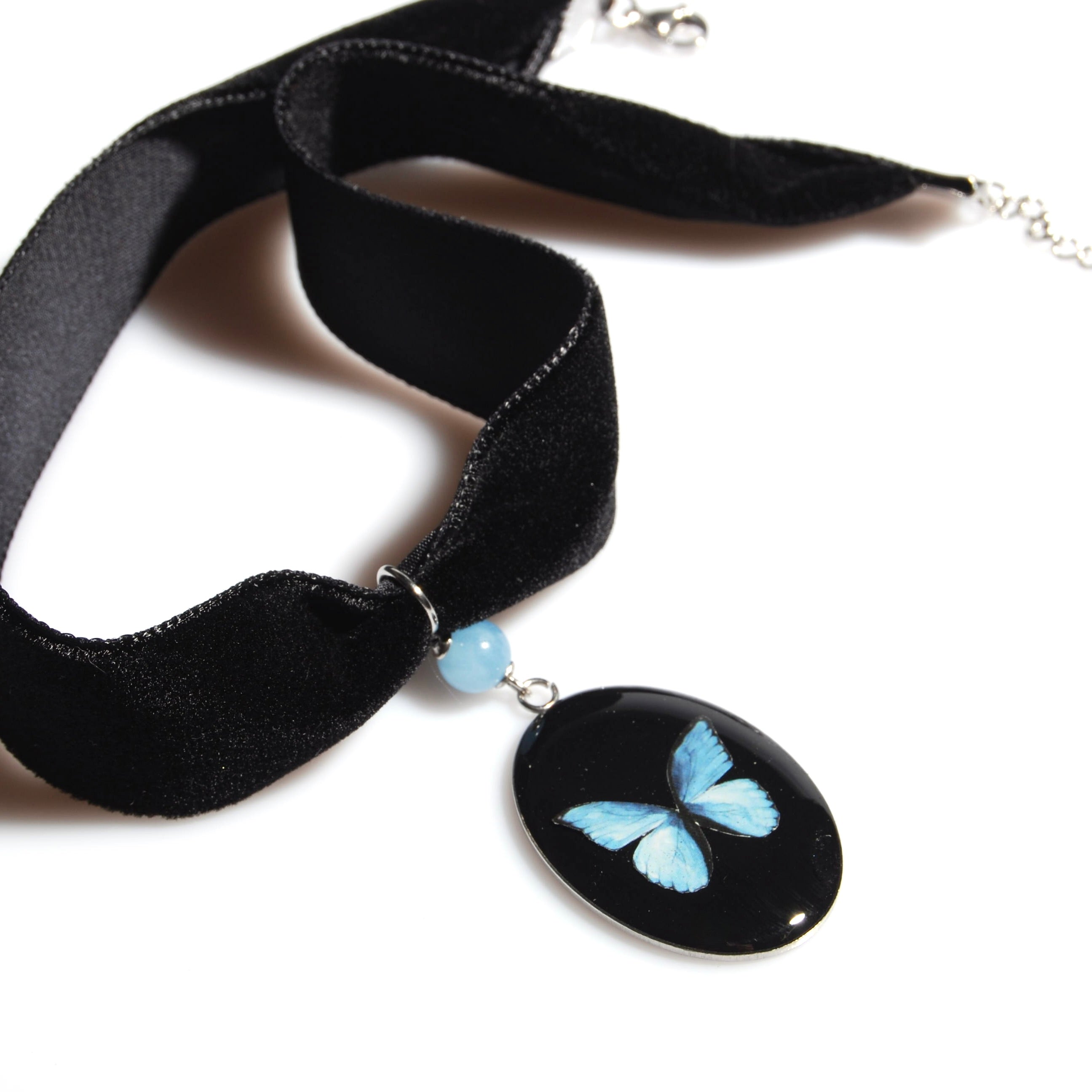Choker Pendente Farfalla Blue Morpho - Velluto Nero e Acquamarina