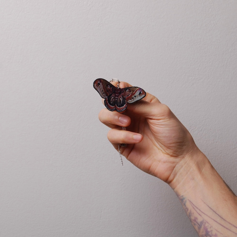mano che tiene tra le dita una collana con pendente falena