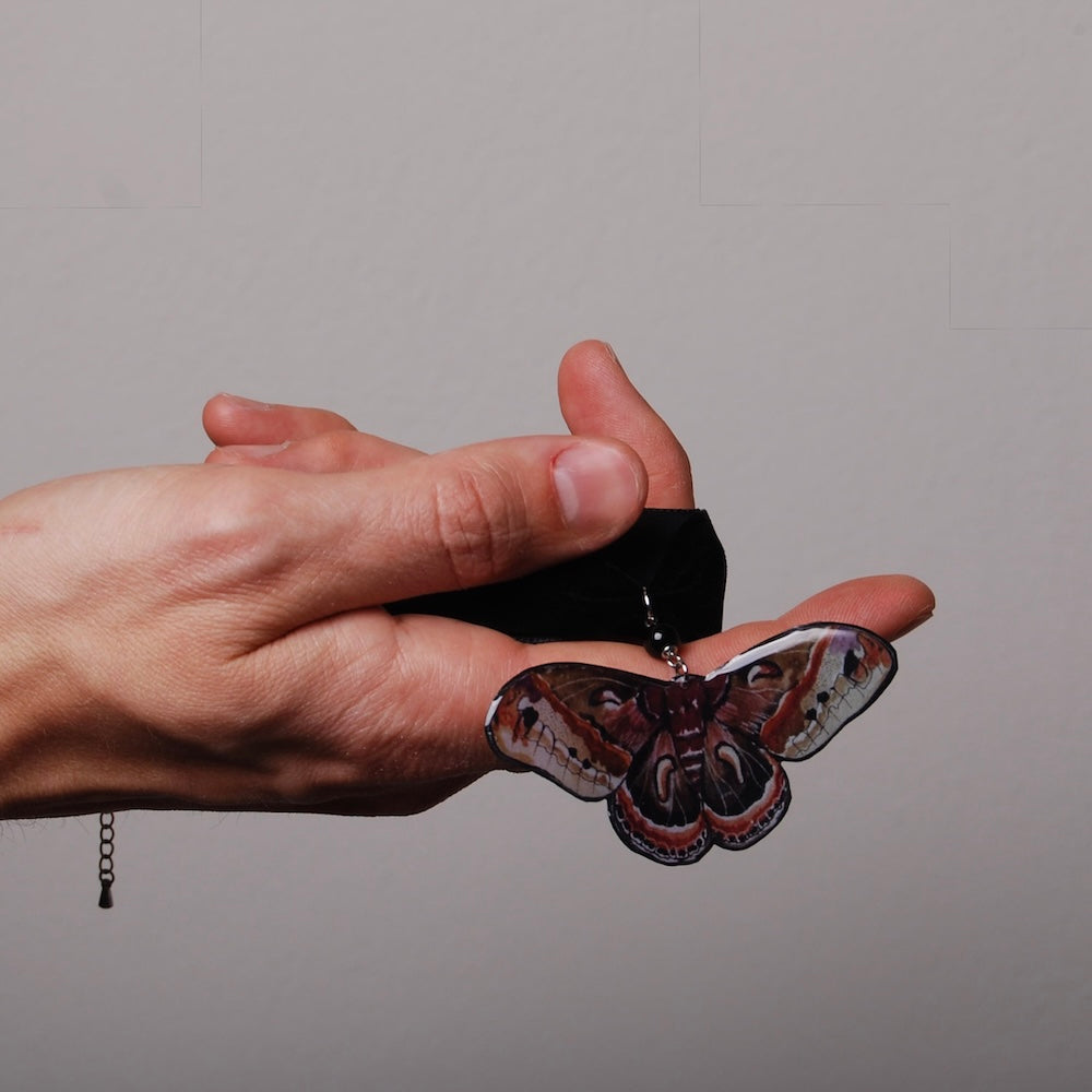 mano che tiene un choker in velluto nero con pendente falena