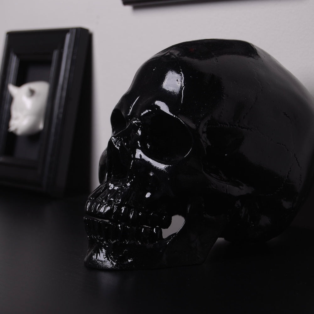 teschio nero vista 3/4 con un quadretto sfocato nello sfondo