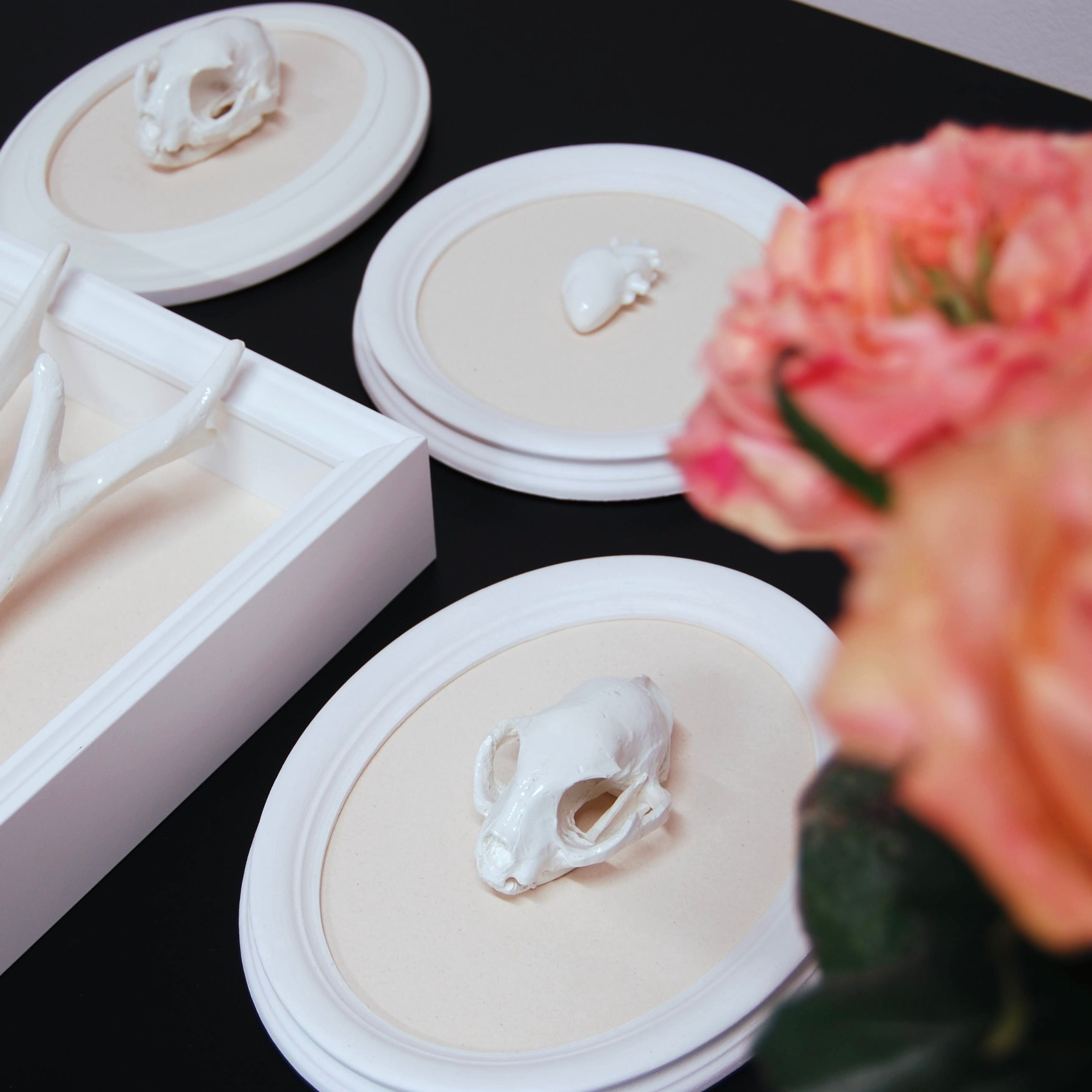 quadretti bianchi con teschi e cuori poggiati su un ripiano