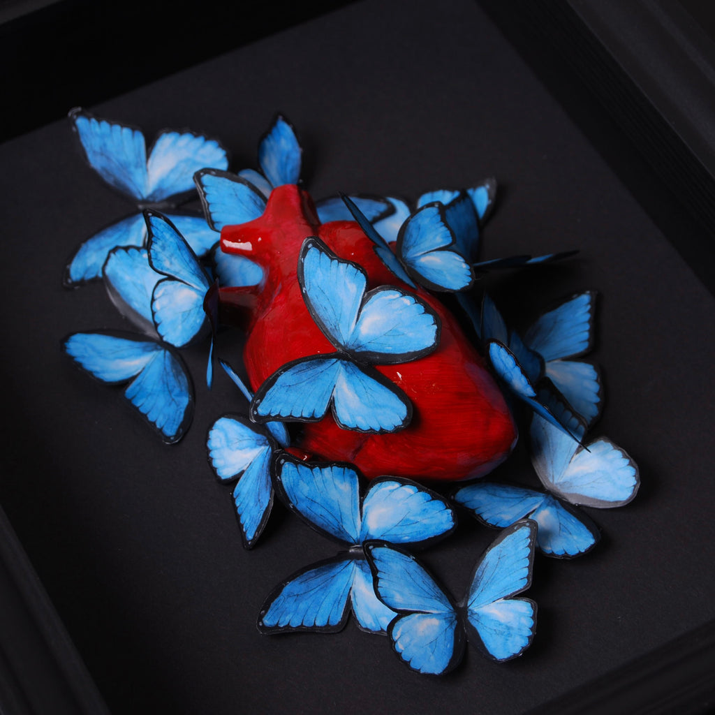 Quadretto Cuore Anatomico con Farfalle Blue Morpho
