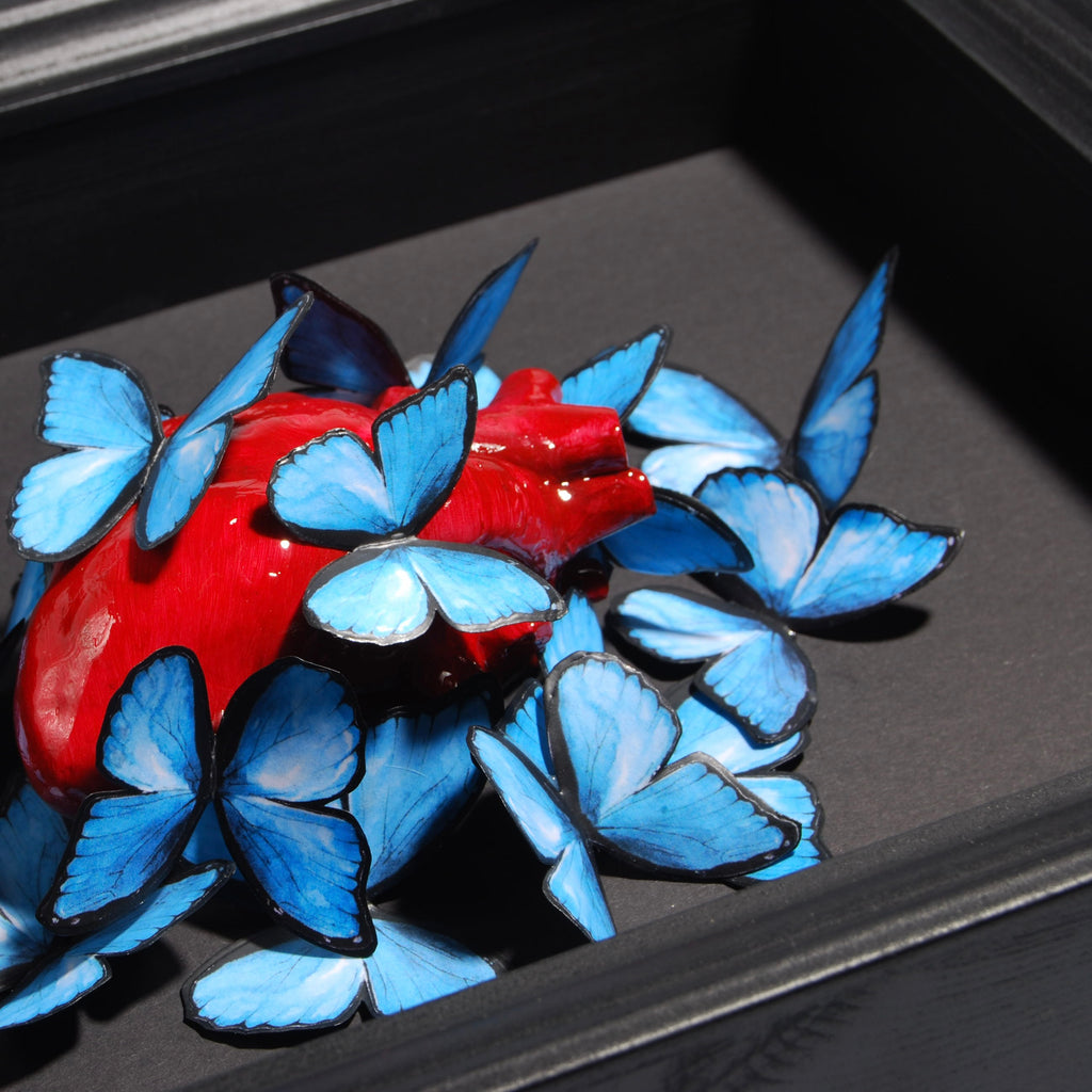 Quadretto Cuore Anatomico con Farfalle Blue Morpho
