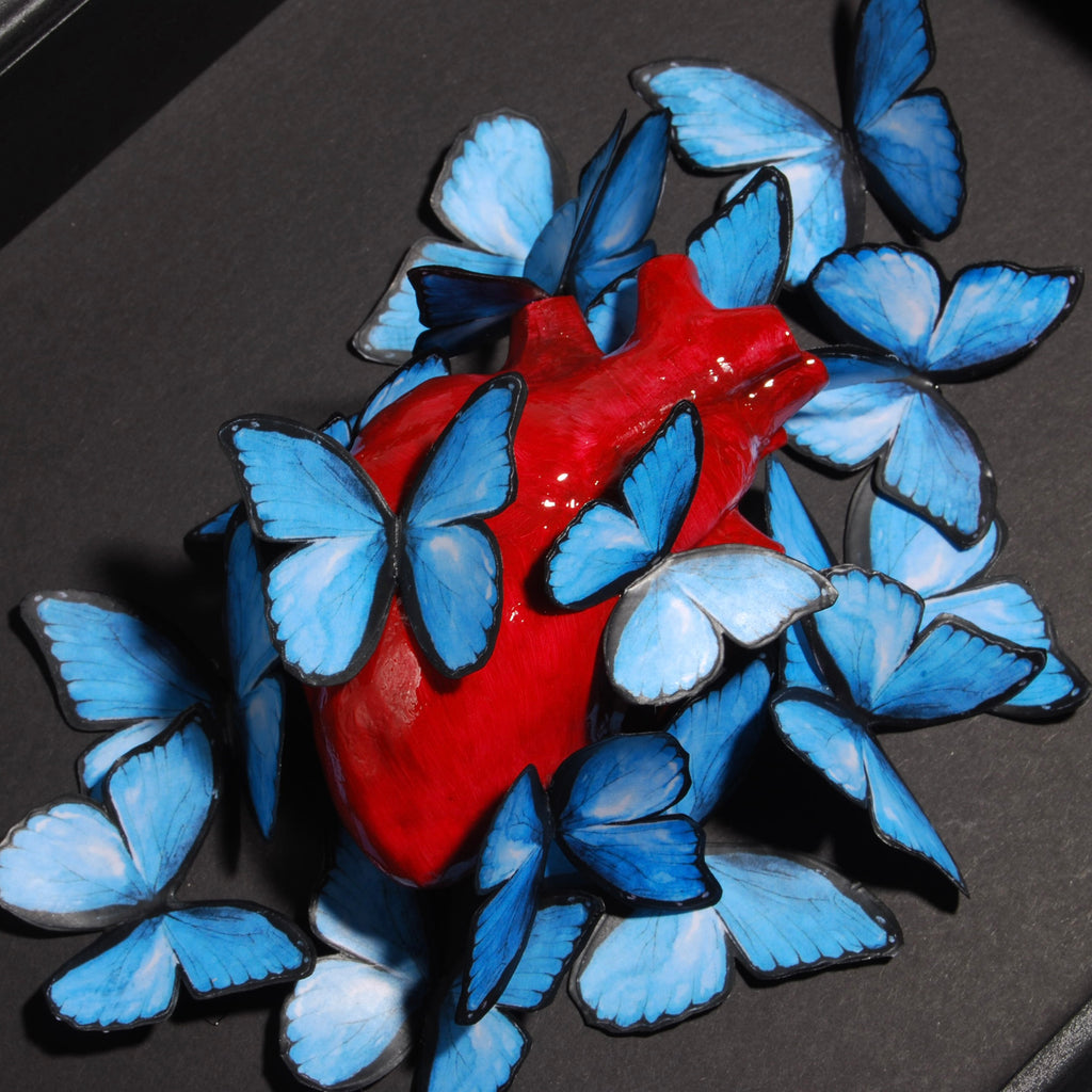 Quadretto Cuore Anatomico con Farfalle Blue Morpho