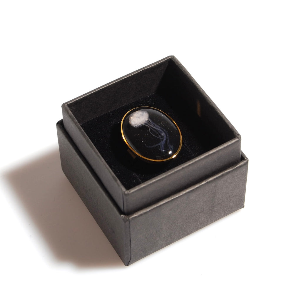 anello ovale con micro medusa dentro ad una scatolina nera