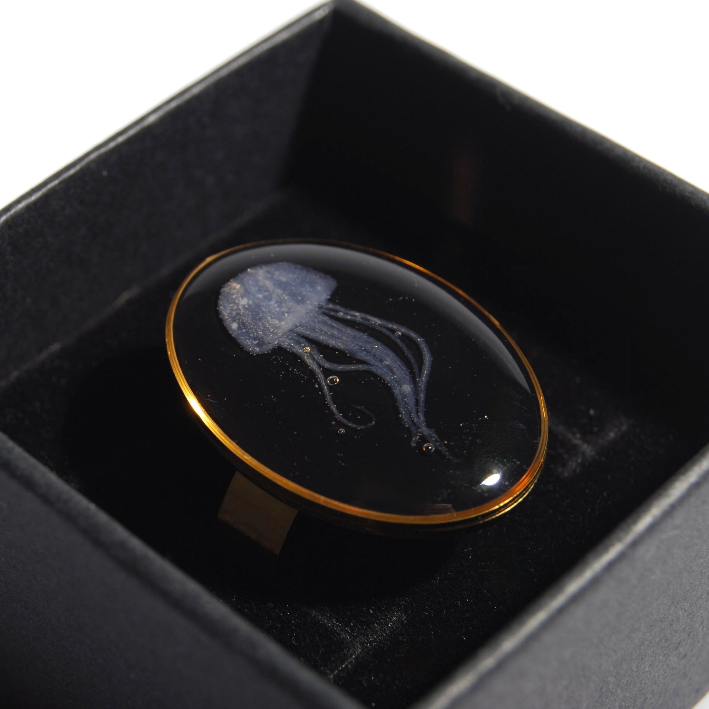 anello ovale con micro medusa dentro a una scatolina nera
