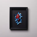 quadretto con cuore anatomico e sciame di farfalle blu