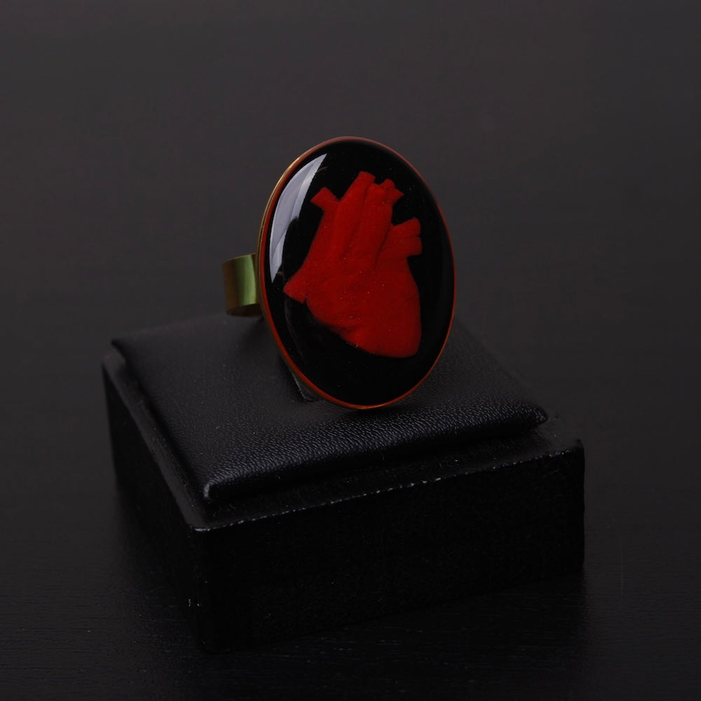 anello con cammeo cuore anatomico, poggiato su porta anelli, vista frontale
