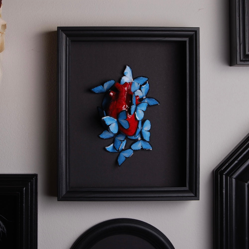 quadretto con cuore anatomico e farfalle appeso ad una parete in mezzo ad altri quadretti