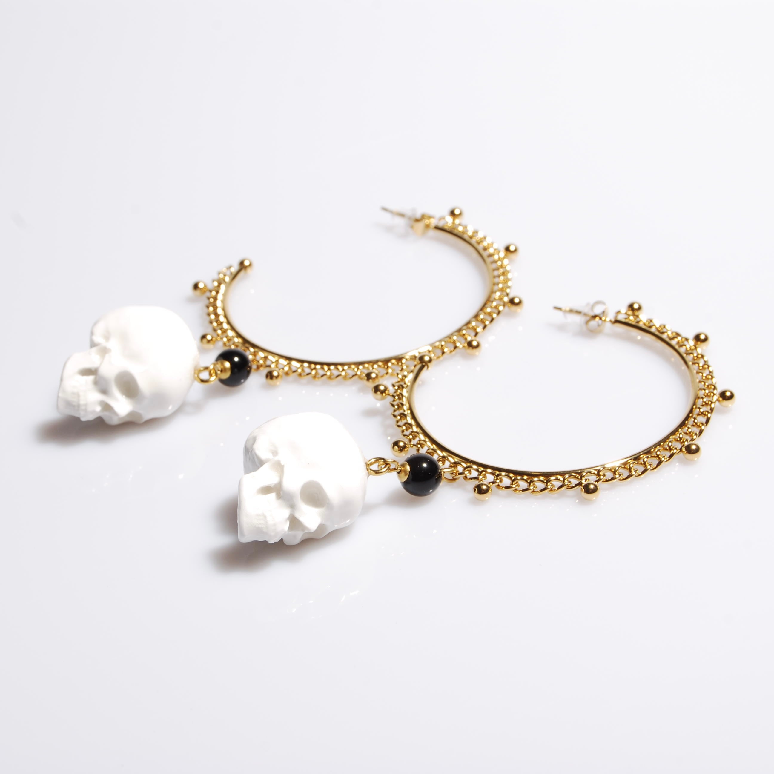 Orecchini Teschio - Cerchio Grande con Catena e Ossidiana Nera