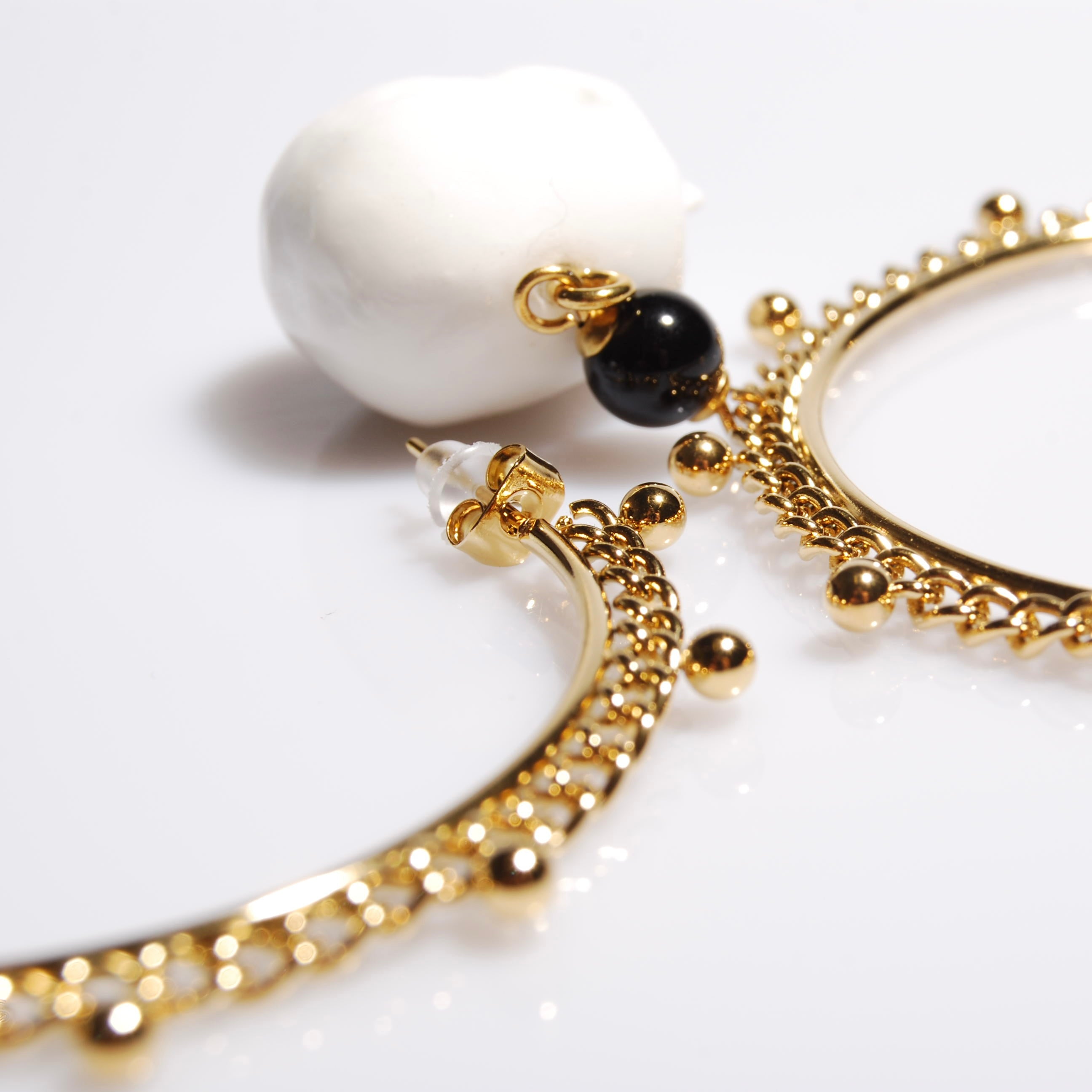 Orecchini Teschio - Cerchio Grande con Catena e Ossidiana Nera