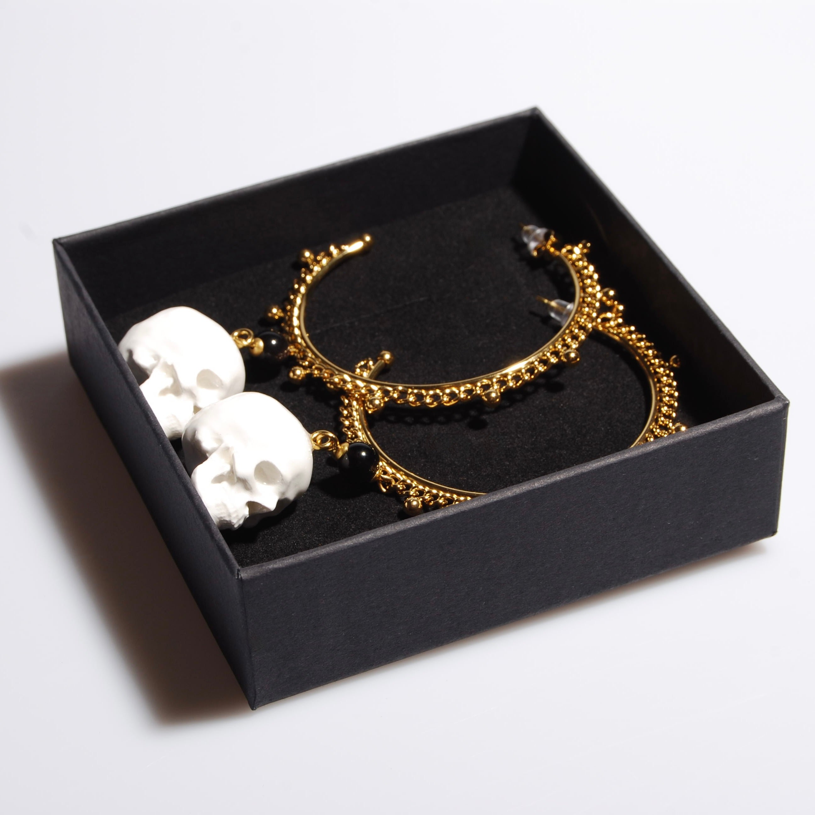 Orecchini Teschio - Cerchio Grande con Catena e Ossidiana Nera