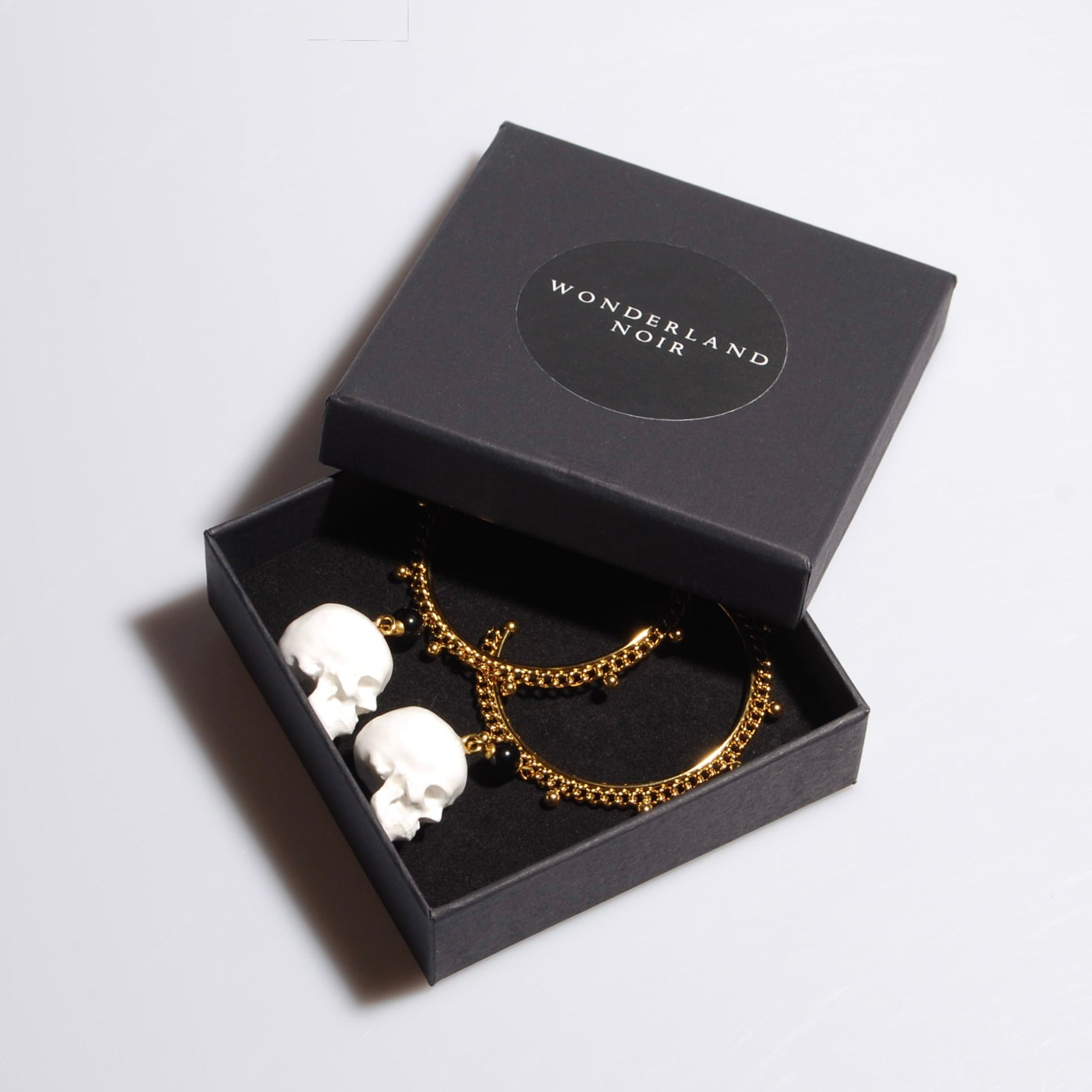 Orecchini Teschio - Cerchio Grande con Catena e Ossidiana Nera