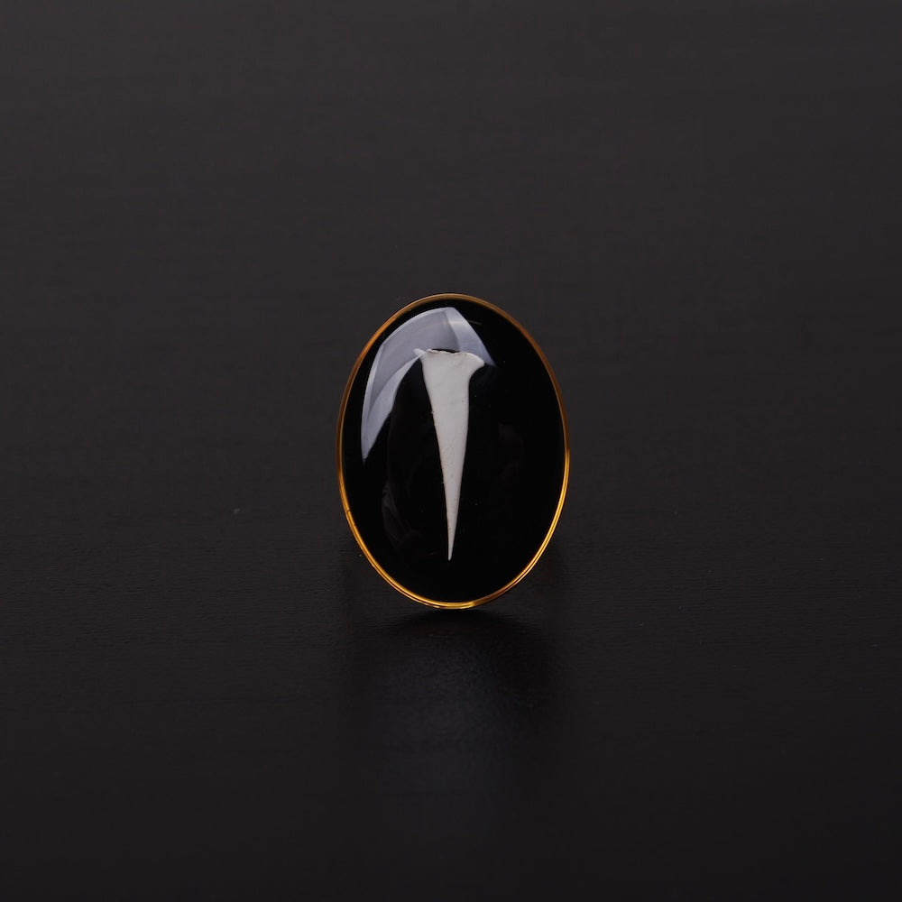 anello ovale con spina di acacia inglobata sotto resina, vista frontale