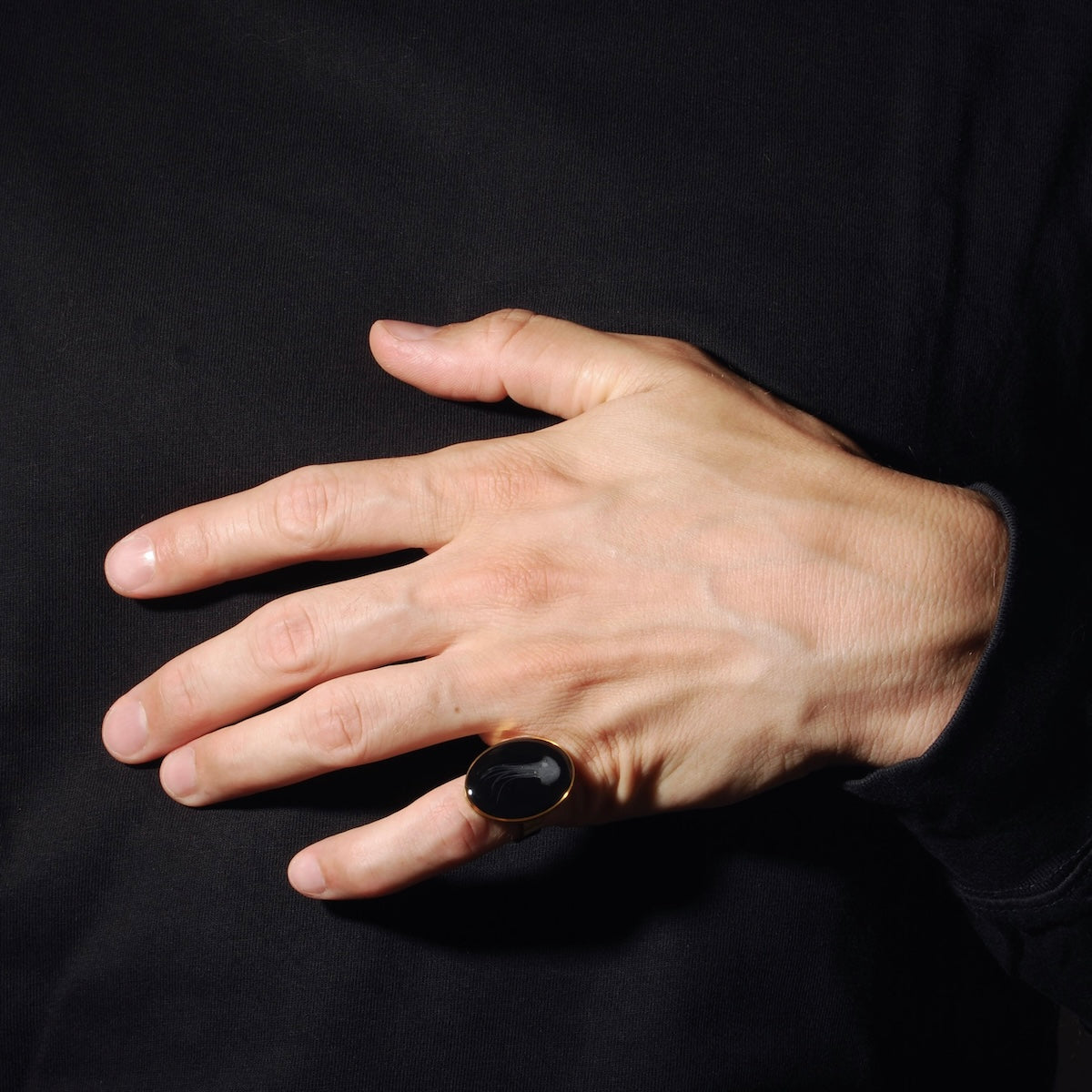 mano che indossa un anello ovale con medusa marina