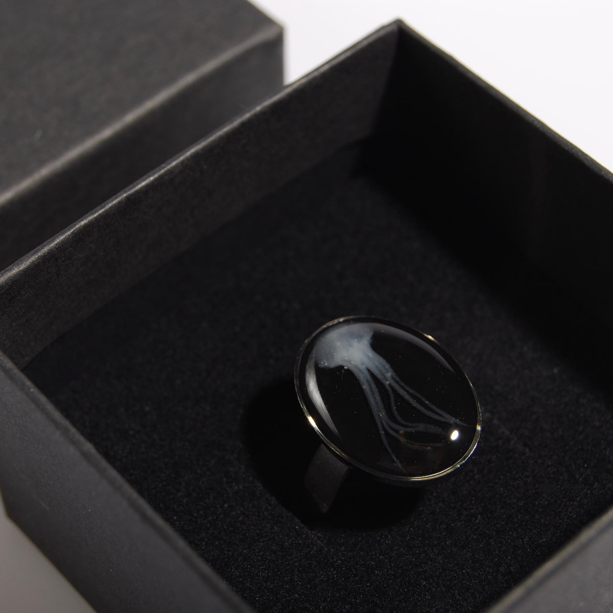anello ovale con medusa marina, dettaglio della medusa, dentro ad una scatolina