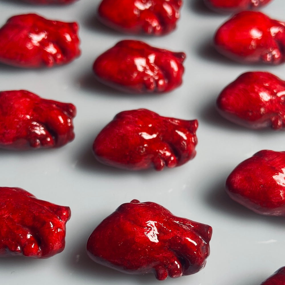 tanti cuori anatomici pendenti appoggiati su un piano