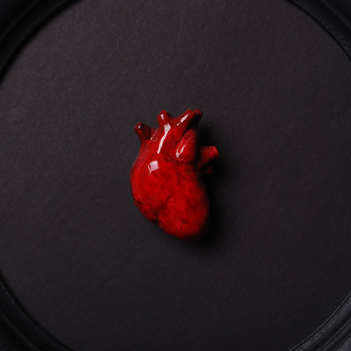 quadretto rotondo con cornice nera e cuore anatomico rosso, dettaglio del cuore centrale