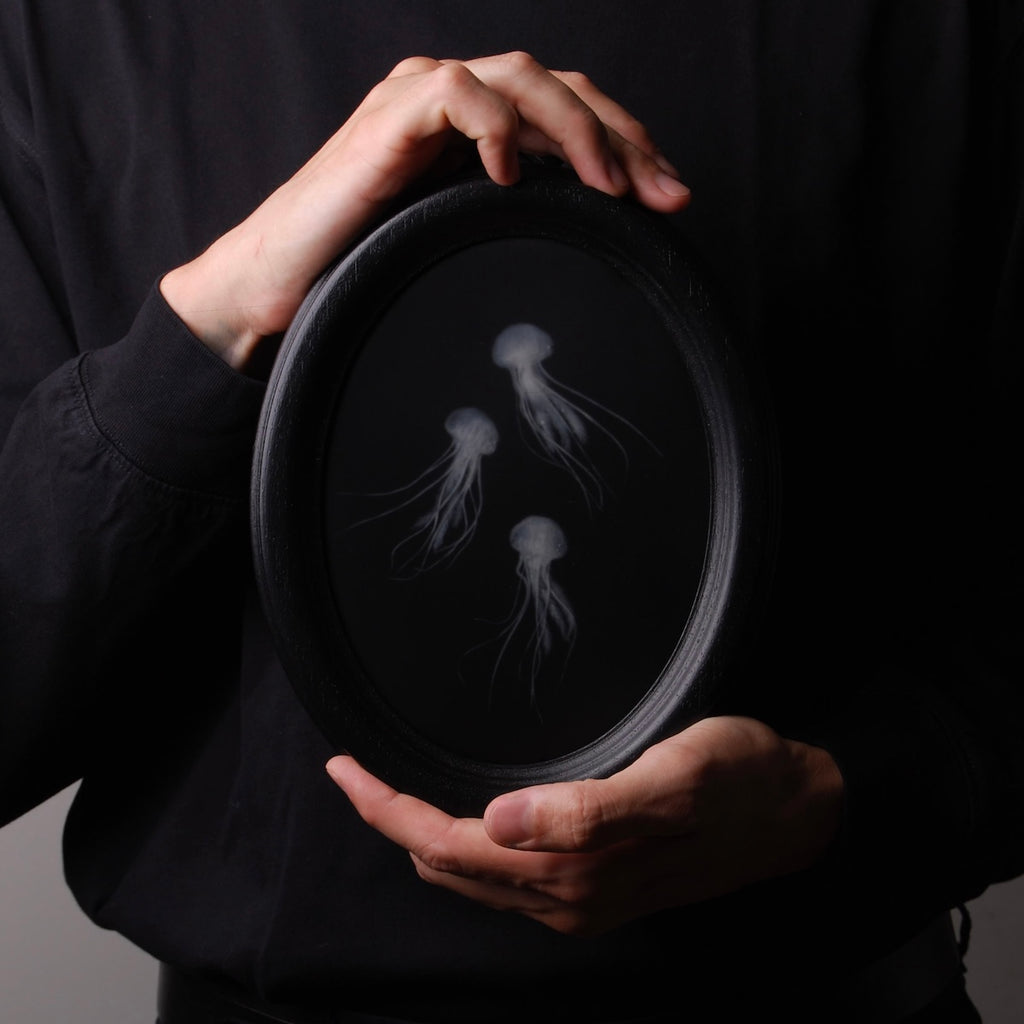 mani che tengono un quadro ovale nero con 3 sculture di meduse marine